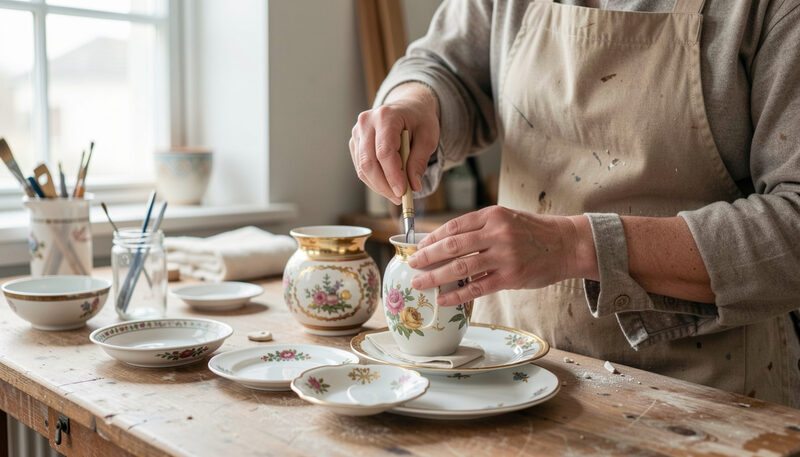 Hand glasiert den Goldrand einer kleinen Blumenvase ueber gestapelten Porzellantellern